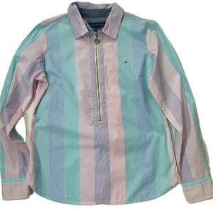 Tommy Hilfiger Blouse Womens XS Multicolor Striped 1/2 Zip Collared Cotton